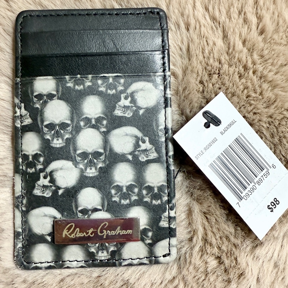 Robert Graham Leather Skull Credit Card Sleeve Holder Wallet Logo Black NEW